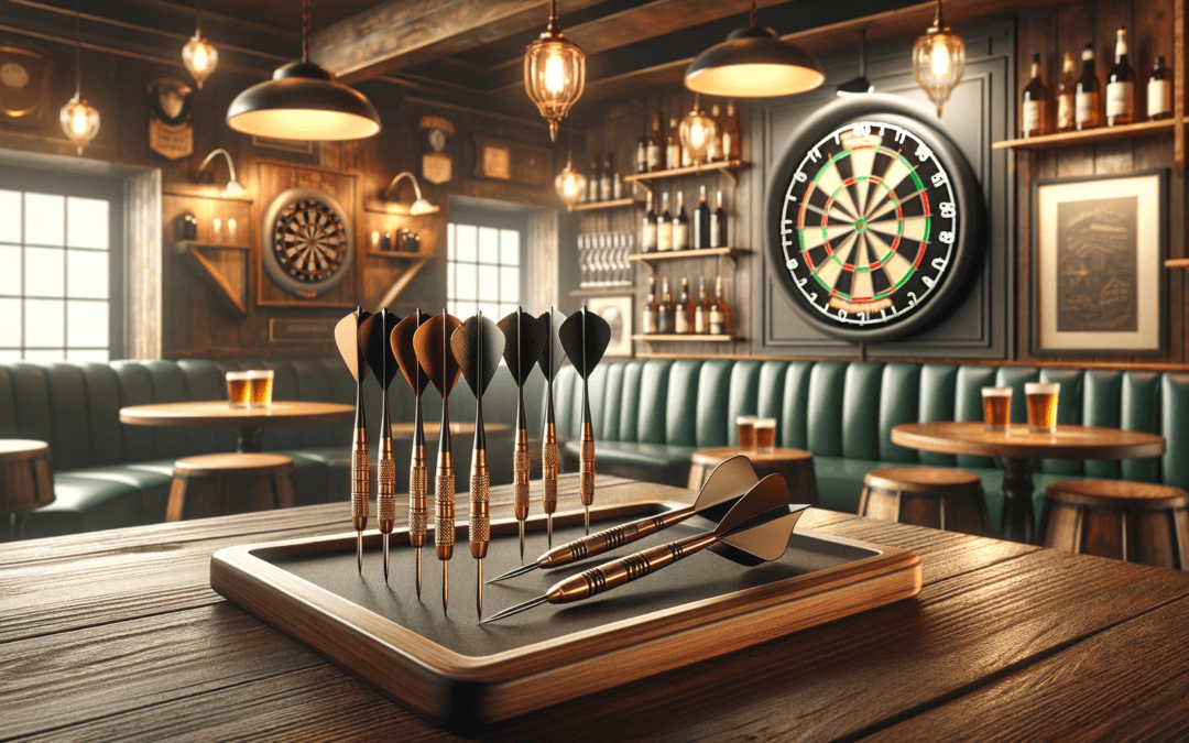 DALL·E 2023 12 15 15.16.57 A Landscape Oriented Image Of A Stylish Pub Setting With A Dartboard And A Variety Of Professional Darts On Display Capturing The Ambiance Of A Tradi 1080x675 